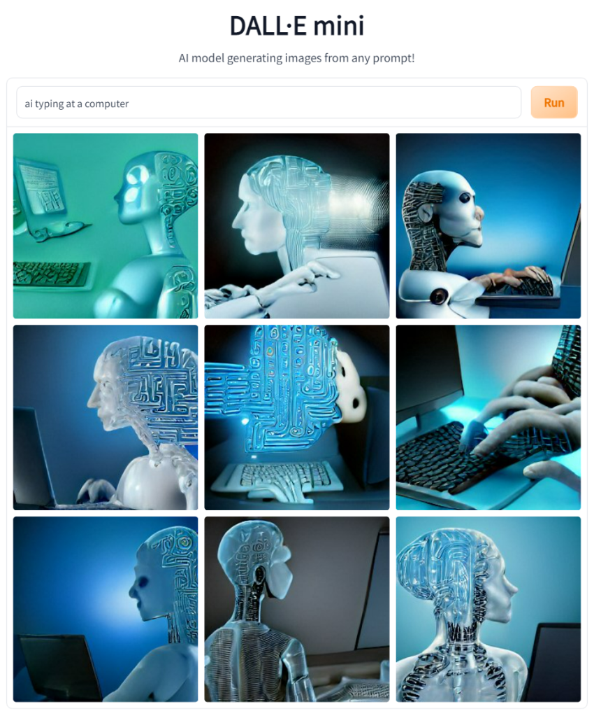 An AI-generated image using the prompt, "AI typing at a computer"